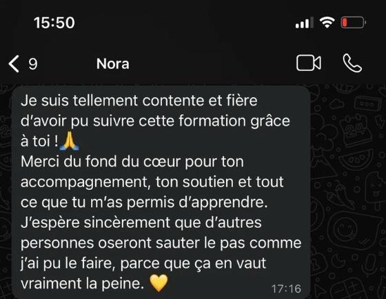 Message WhatsApp d'une cliente de la Méthode NOVA