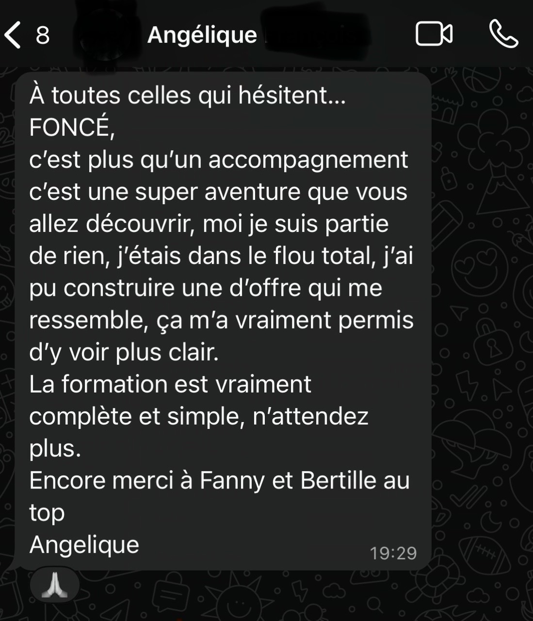 Message WhatsApp d'une cliente de la Méthode NOVA