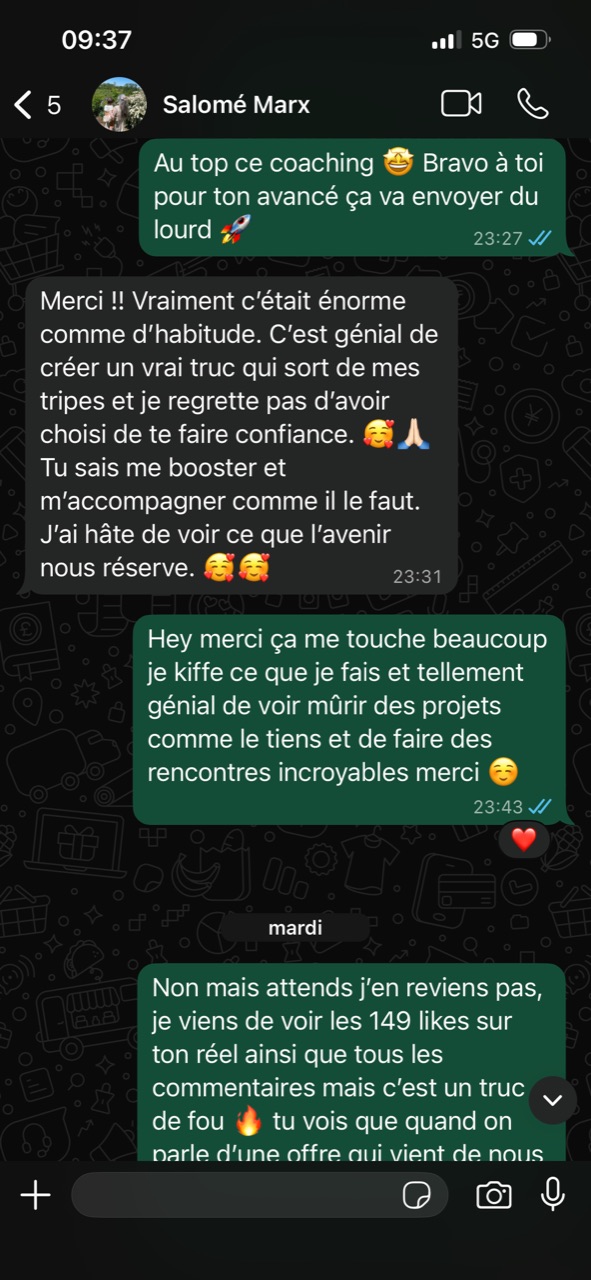 Conversation WhatsApp avec une cliente de la Méthode NOVA