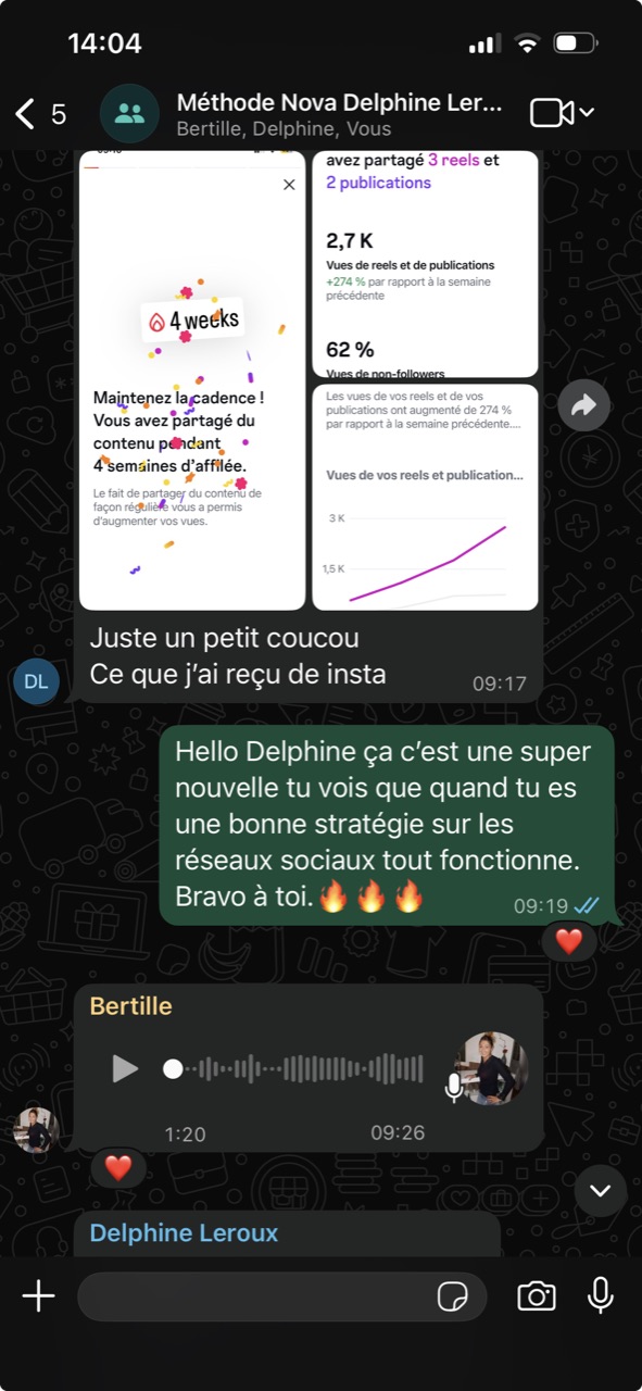 Conversation WhatsApp avec une cliente de la Méthode NOVA